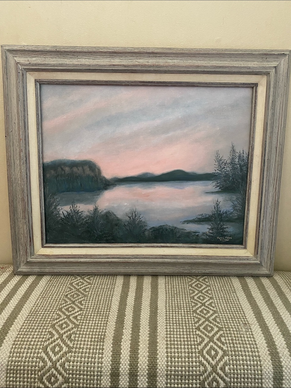 Vintage MCM wood framed original oil painting on board signed coastal landscape.